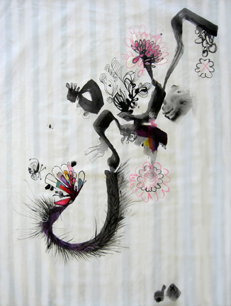 Lisa Bachman | Chatter | Acrylic, colored pencil, ink, pillow, pillowcase | 27.5