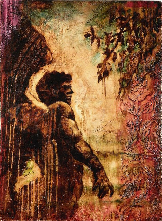 Dan Addington | Ancient Arrival |           
Oil, wax, tar on wood | 38