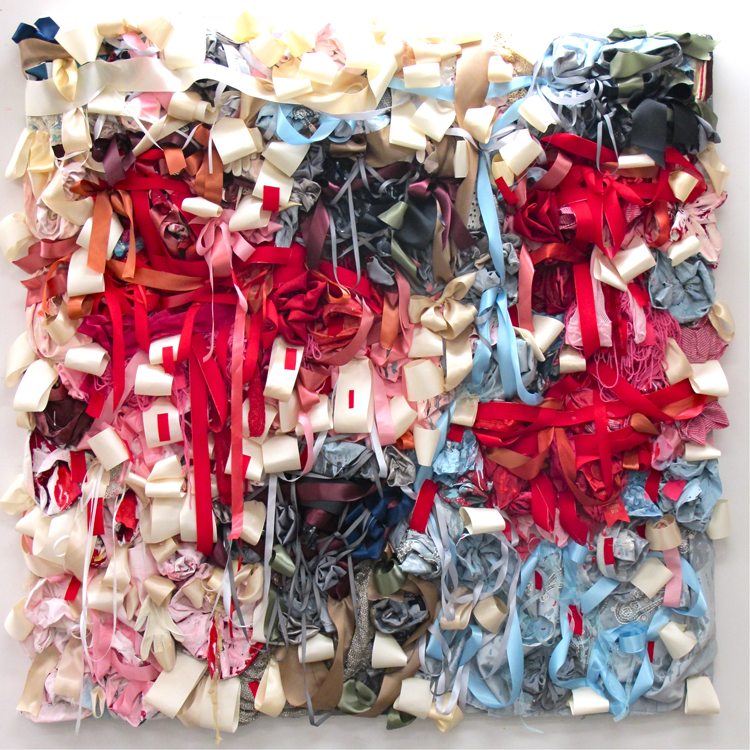 Vadis Turner | Red Candy and Black Mold | ribbon, clothing, antique quilts, vintage gloves, mixed media | 60